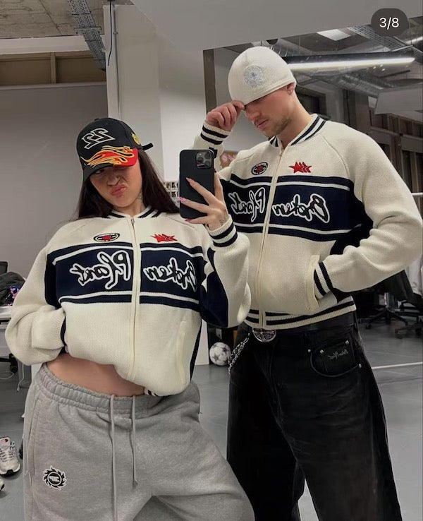 Broken Planet Racer Knit Zip-Up - "White/Navy"