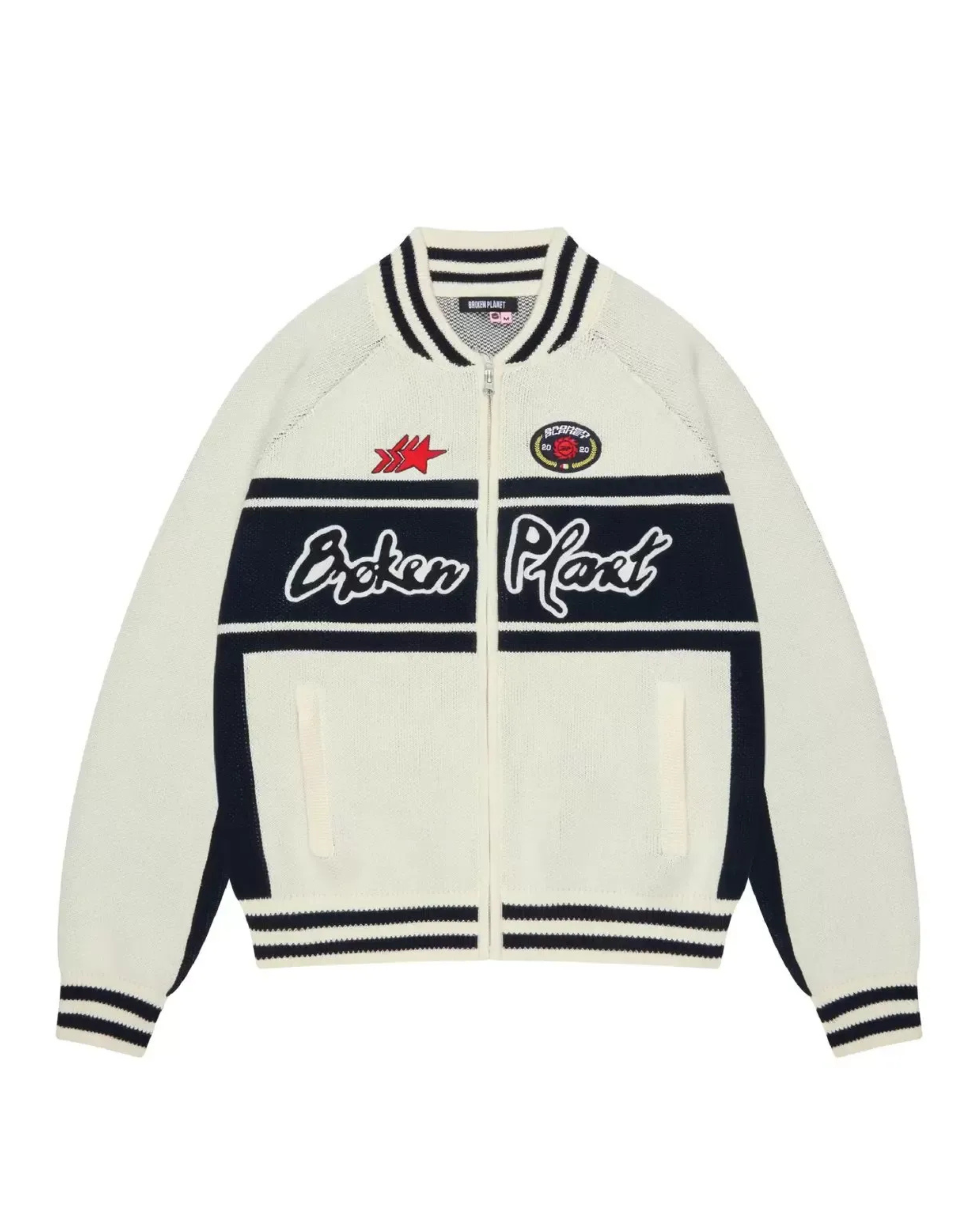 Broken Planet Racer Knit Zip-Up - "White/Navy"